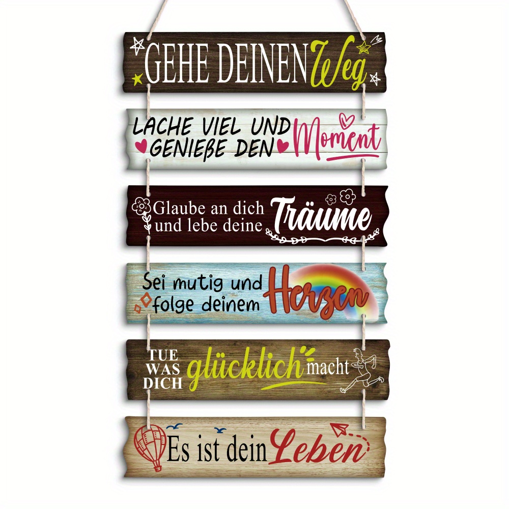 E-shop 2D Flach, 1 Stück Deutsche Motivations-Wandtafel mit 5 Englischen Übersetzungen - Modernes Farmhouse Holzschild "Gehe deinen Weg, Lächle mehr &