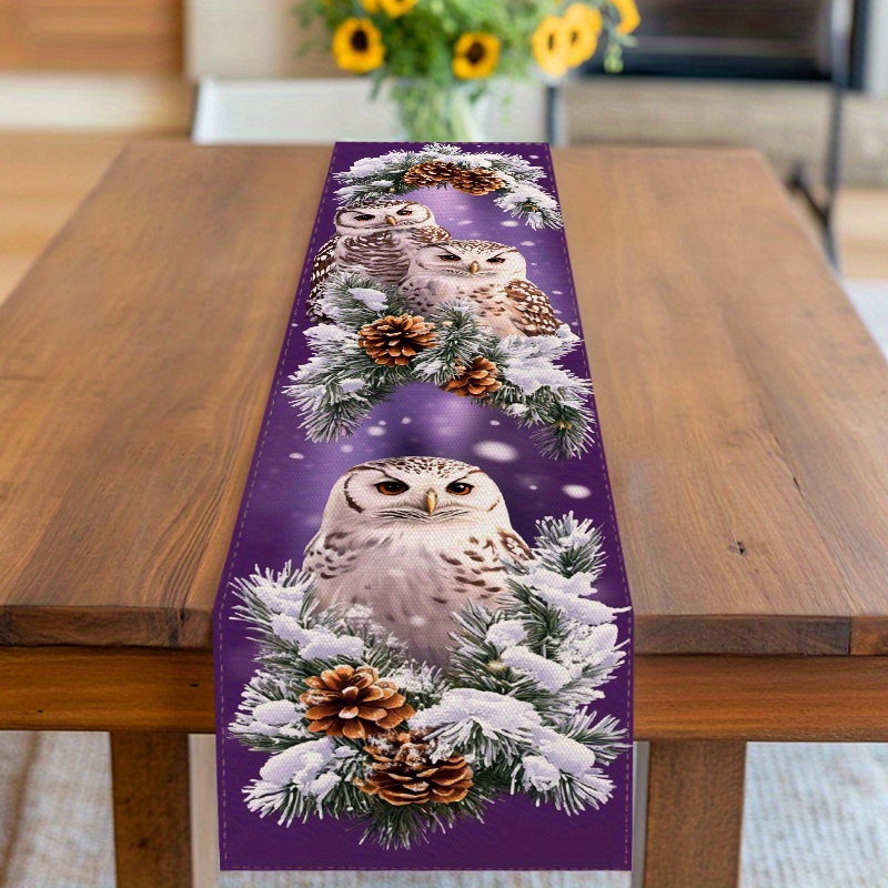 TEMU 1pc Festive Snowy Table Runner - Polyester, Purple With Snow-covered Pine Branches & Pine Cones, Perfect For Christmas & Decor, Holiday Table