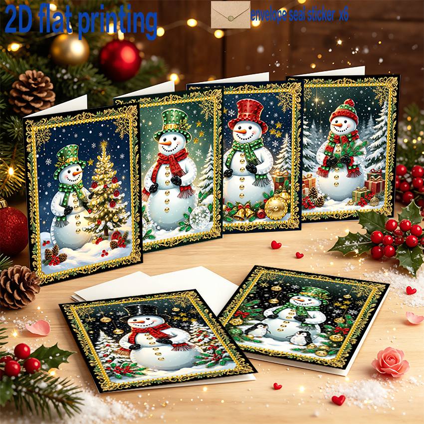 TEMU 6 stuks 2D Platte Diamant Schilderen Kerst Sneeuwpop Wenskaarten, 7.48 Inches X 5.11 Inches, Inclusief 6 Enveloppen + 6 Zelfklevende Vellen, een