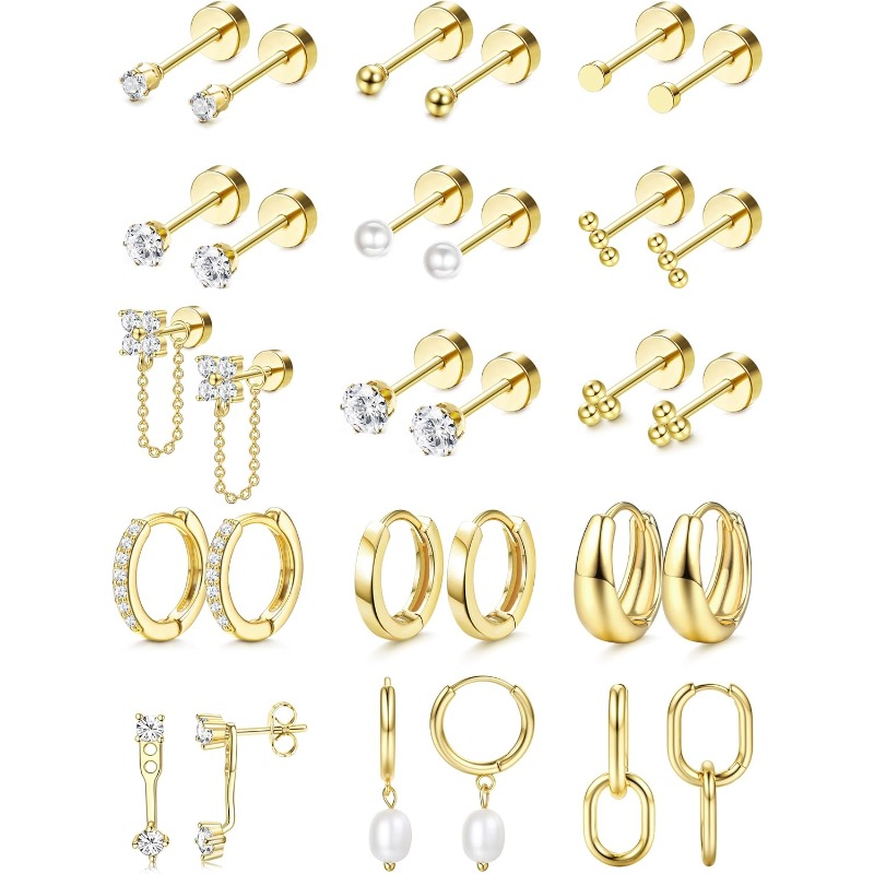 Image of 2d Flat, Flat Back Earrings For Women Hypoallergenic Surgical Steel Earrings For Sensitive Ears-20g Cartilage Earring 14k Gold Plated Hoops Flatback Stud Earring Sets For Multiple Piercing