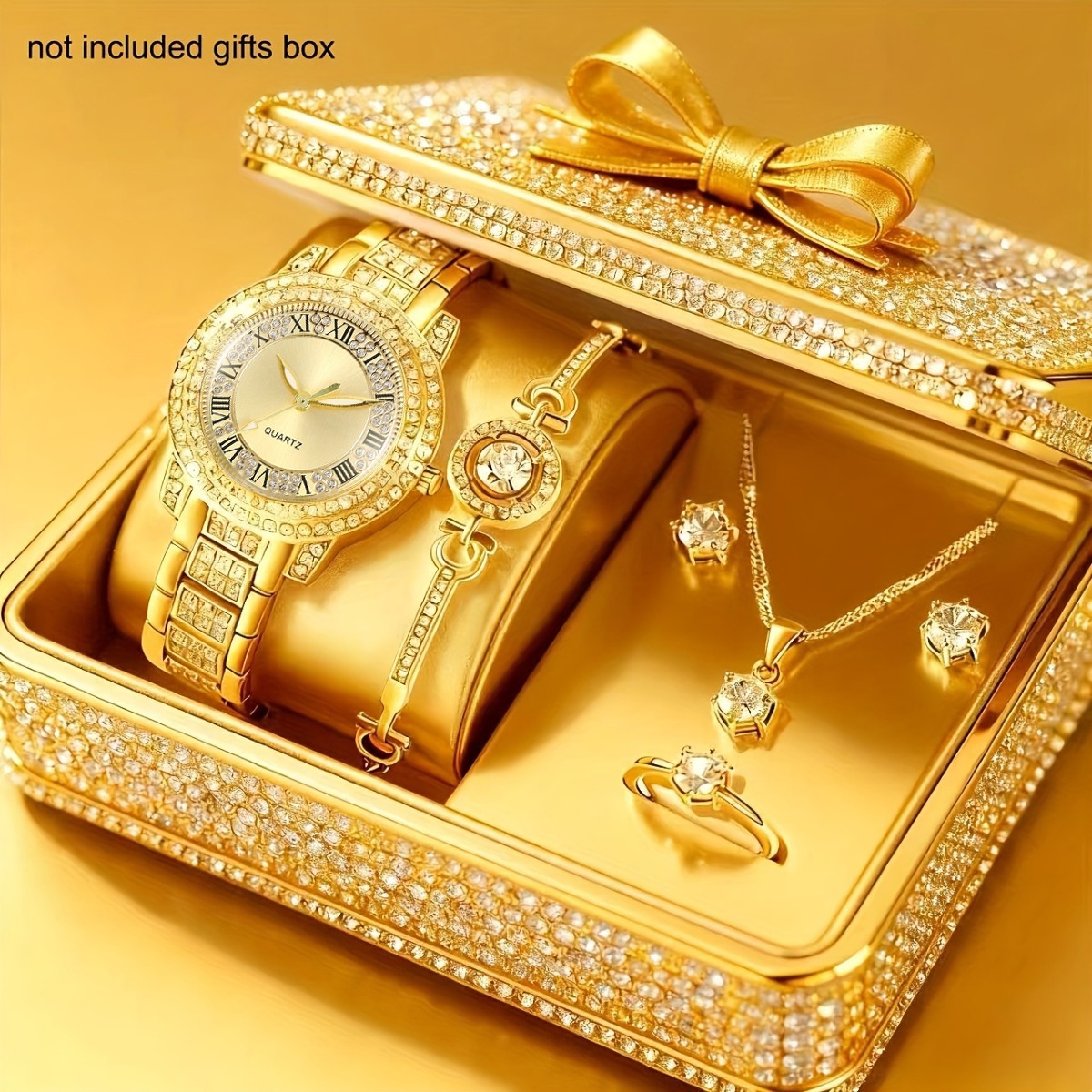 6pcs Set Women's Quartz Watch Collection - Stainless Steel Rhinestone-Accented Minimalist Round Analog Watches, Glamorous Everyday Jewelry Watches Set for Birthdays//Weddings - Ideal Gift for & Women (Compatible with)