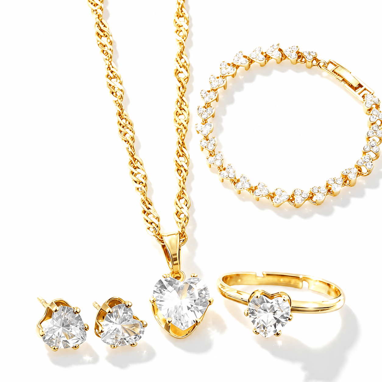 TEMU Parure de bijoux de luxe pour femme, 4 pièces, comprenant 1 bracelet, 1 collier, 1 paire de boucles d'oreilles et 1 bague, motif cœur, parfaite