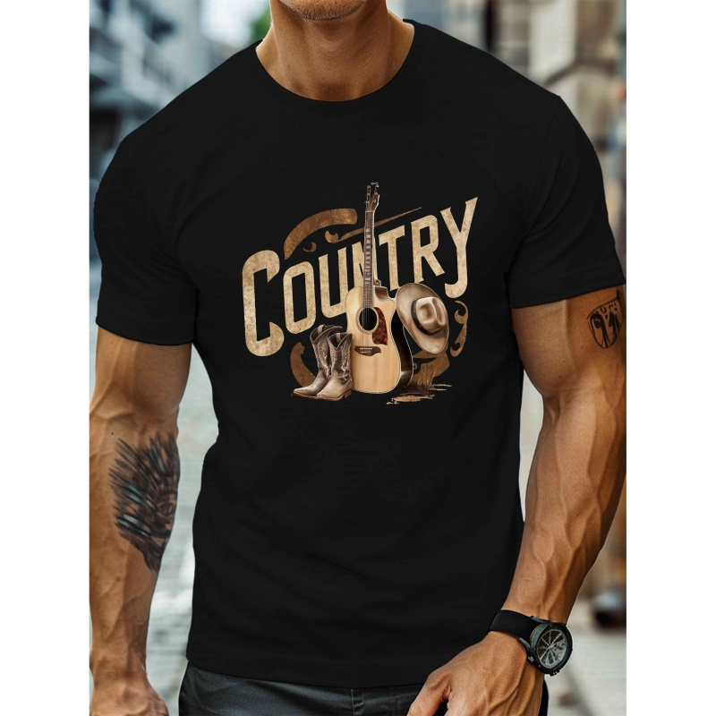 

Guitar Print, Men's Round Crew Neck Short Sleeve Tee, Casual T-shirtcasual Comfy Lightweight Top For Summer