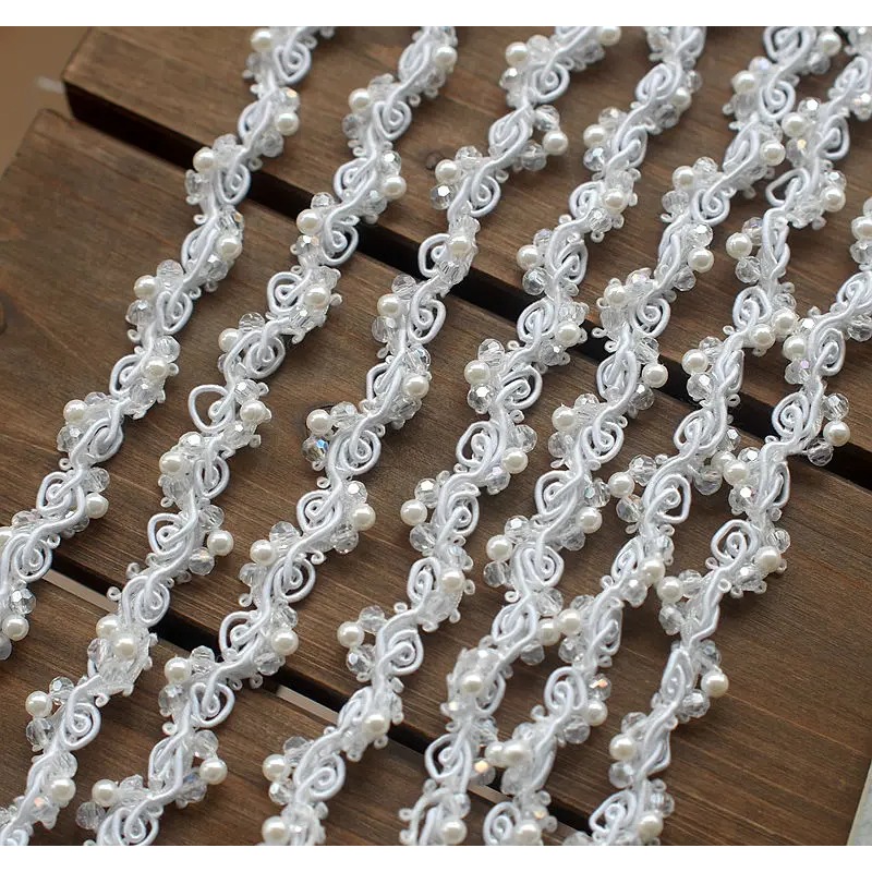 Image of 90cm Pearl Beaded Lace Trim Tape Diy Collar Sewing Garment Belt Wedding Dress Braided Lace Materials White Black