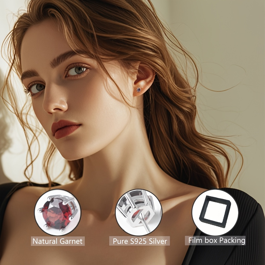 TEMU Gorgeous Natural Garnet S925 Silver Earring, Set With 1 Carat Of Natural Garnets, -prong Torch Design, Silvery Weighs Oz, Suitable For Men And