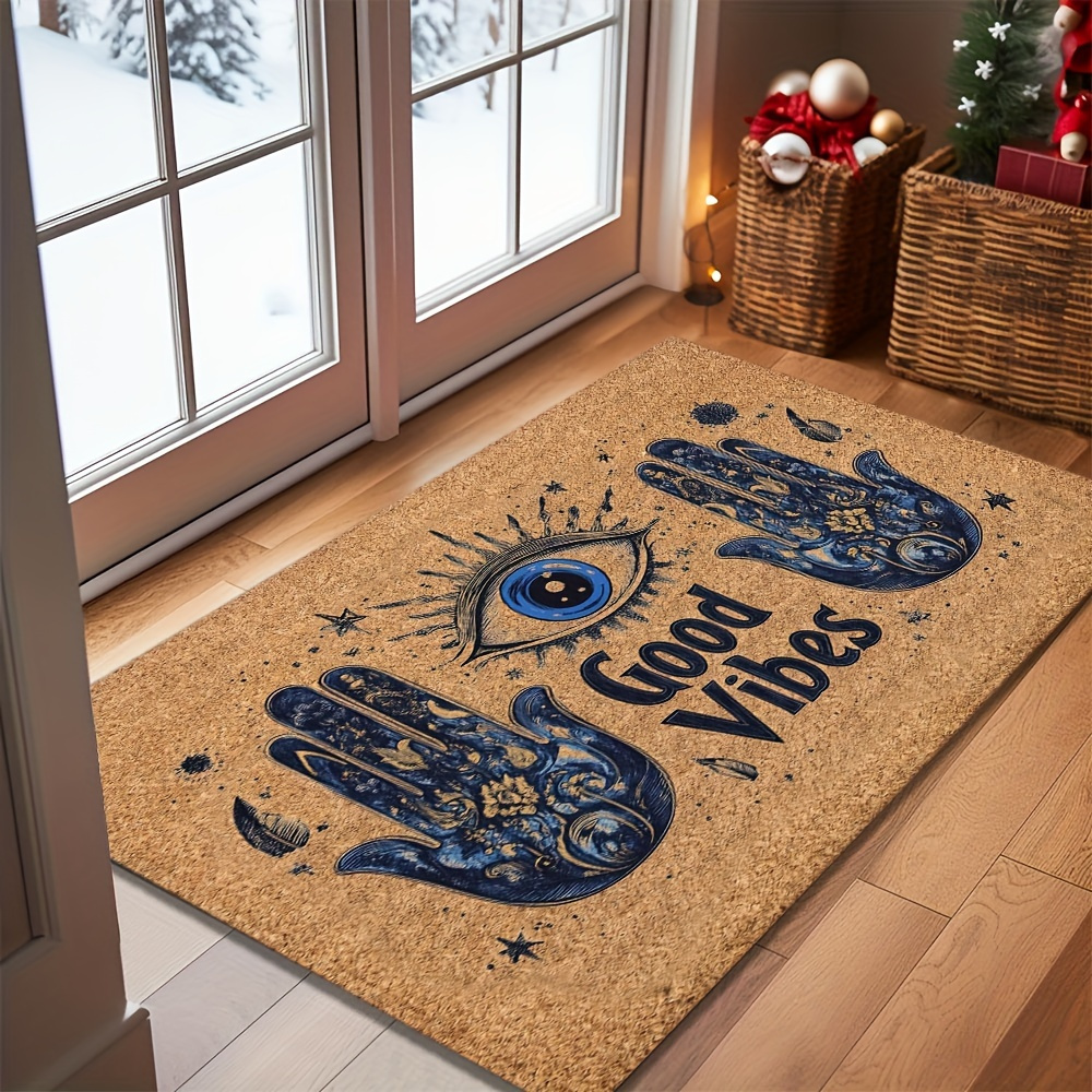 

1pc Evil Eye With Non-slip Rubber Backing, Hand Washable Lightweight Braided Polyester Fiber Rectangle Floor Mat For Home Entrance Bedroom Balcony - Machine Made Christmas Holiday Gift, For Front Door