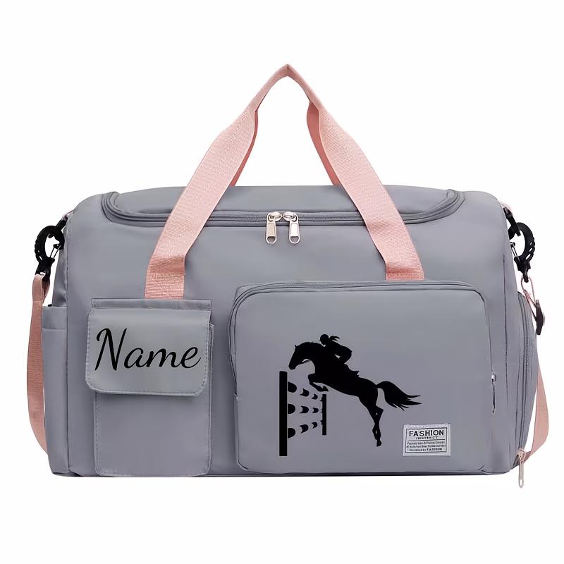TEMU 1pc Personalized Diy Name/text Equestrian Print Gym And Travel Bag - Multi-compartment Shoe And Luggage Bag, Adjustable Shoulder Strap,