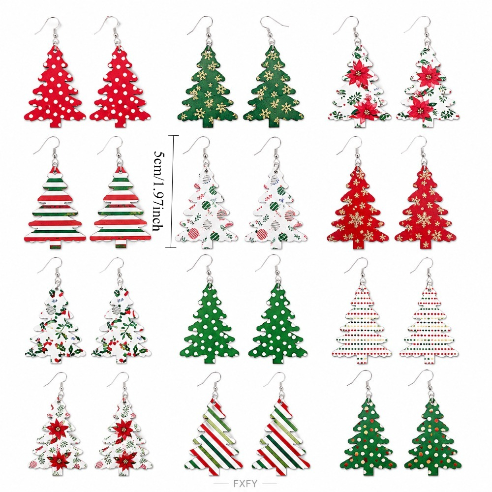 TEMU 2d Flat, 24pcs/12-pair Women's Christmas Earring Set In 2d Flat Design, Featuring Polka Dot, Plaid, Christmas Tree, And Snowflake Patterns.