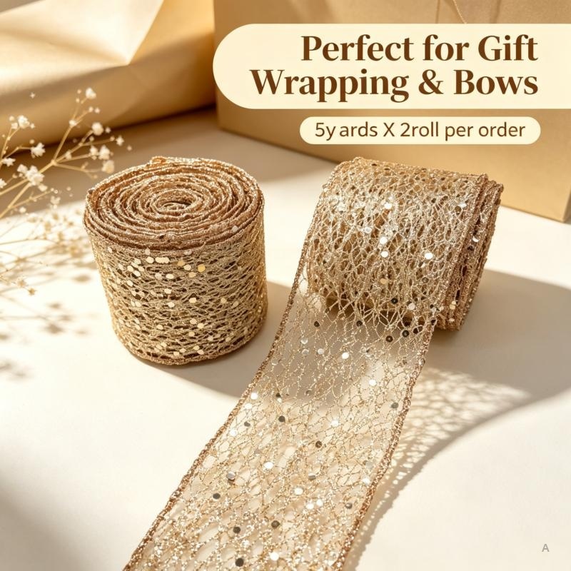 TEMU 2 Rolls, 6.3cm Width, 5 Yards Per Roll, Wired Ribbon, Brown Sequin Cut Out, Christmas, Xmas, For Holiday Decor, Bow Making, Bouquet Wrap, Gift