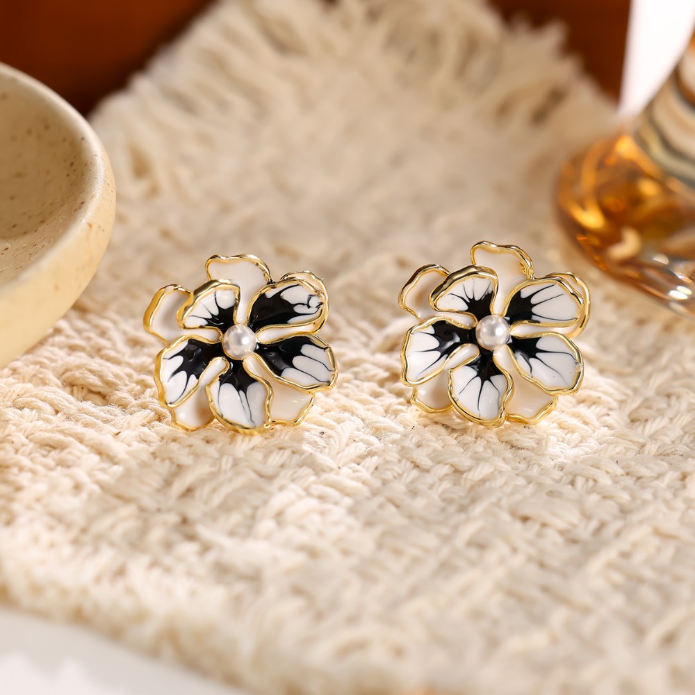 Women's Plated Enamel Flower Dangle Earrings with Center Beads