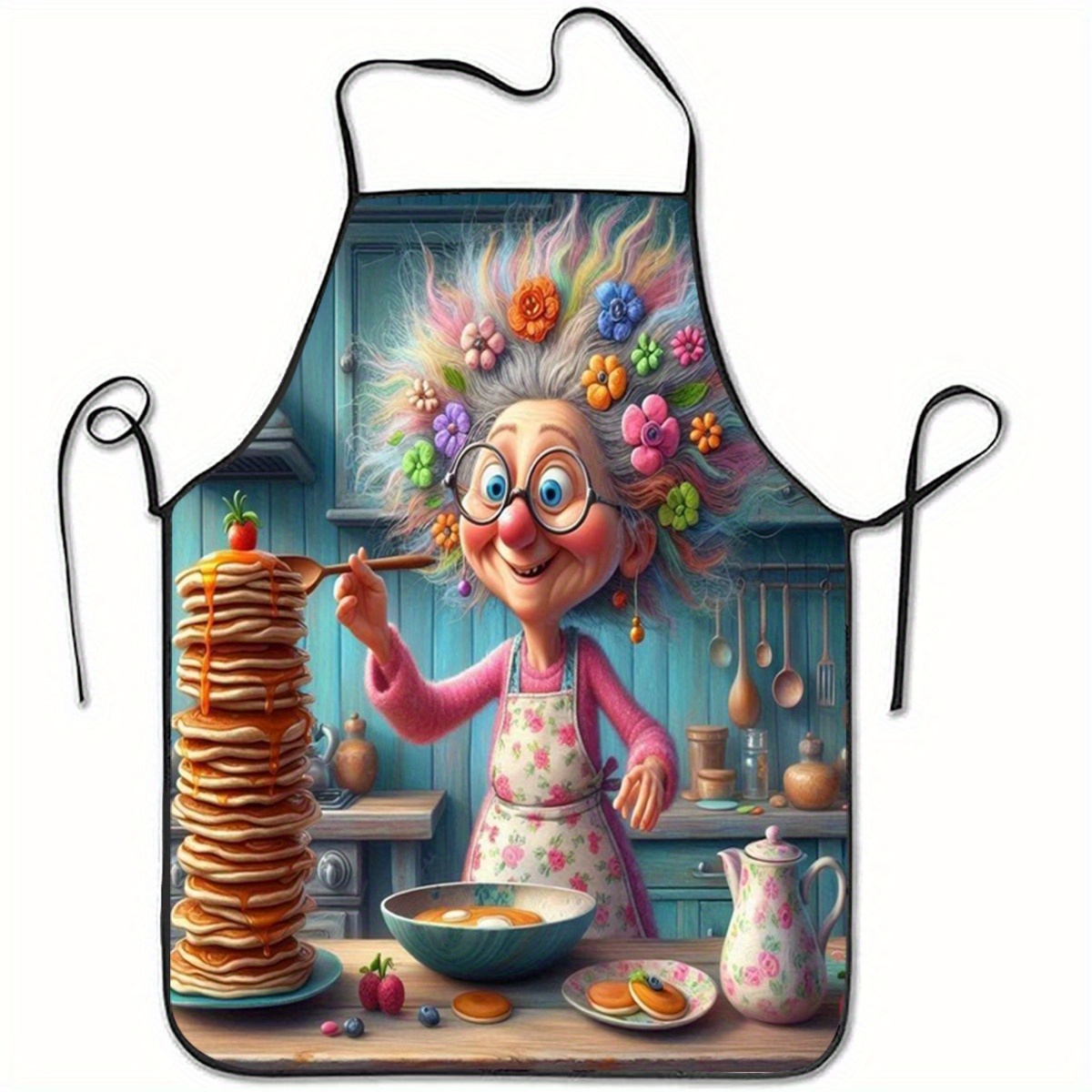 Image of 1pc Grandma Pancake Print Apron - Durable Polyester Kitchen Apron With Pancake & Flour, Unisex Baking Apron Suitable For Home, Cafe, Coffee Shop, Comfortable Bib For, Baking, Pancake Parties