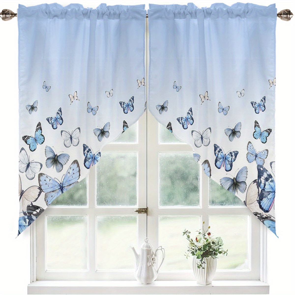 TEMU 2pcs Print Spring Watercolor Curtains - 100% Polyester Light Filtering Semi-sheer Rod Pocket Curtains For Kitchen, Living Room, Bedroom,