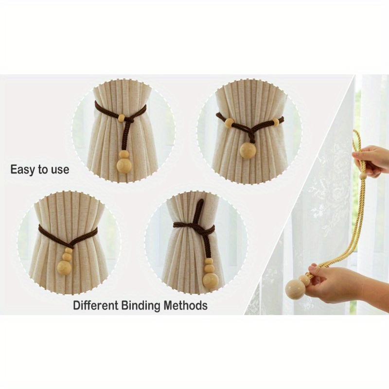 (Pack of 2)Elegant Beige Wooden Balls Curtain Tiebacks Rope Drape Tie Back Holder 4pcs, Natural Curtain Ties Window Treatment Holdbacks