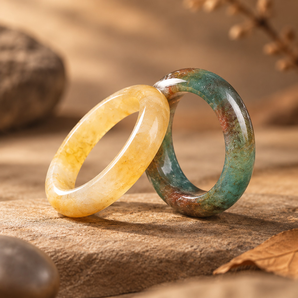 2pcs Yellow Jade & Multi-Color Agate Band Ring Set