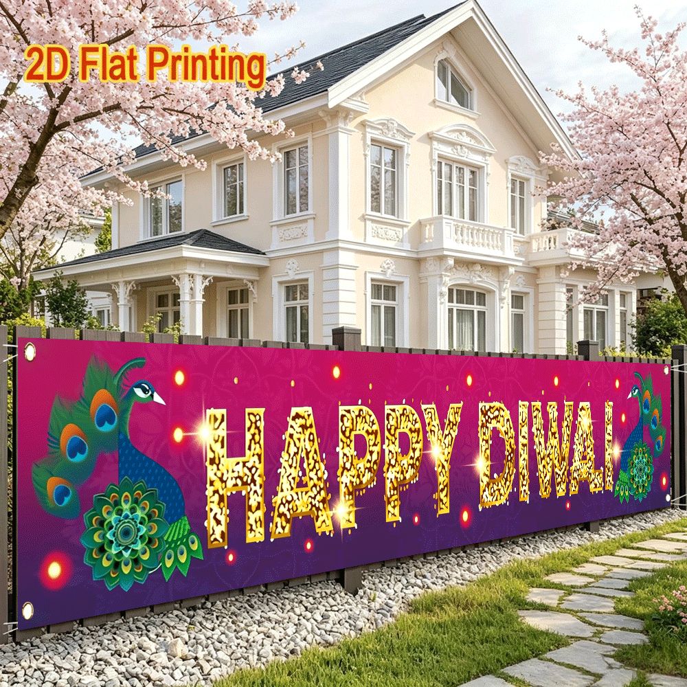 TEMU Happy Diwali Festival Decoration, Peacock And Golden Glitter Text Pattern, Long Fence Banner 1pc Polyester Banner With Metal Grommets For Fence