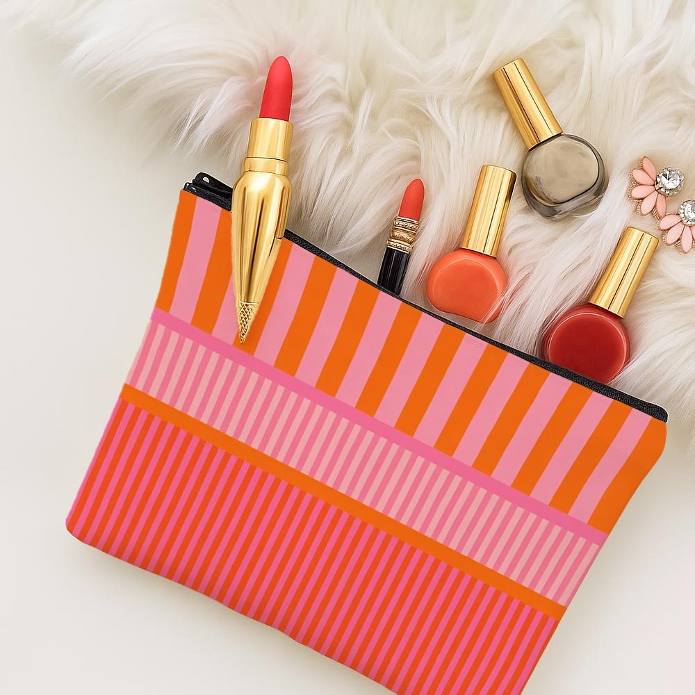 TEMU An Orange And Pink Striped Printed Makeup Bag, A Lightweight Travel Cosmetic Storage Bag, A Portable Toiletry Bag With A Zipper, A Fashionable