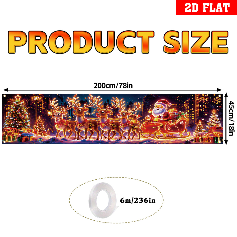 TEMU 2d Flat, 1pc Uv Activated Neon Glow Christmas Banner Suitable For Patio Fence Decoration, Uv Reactive Santa Reindeer Sleigh Tree Night Sign,