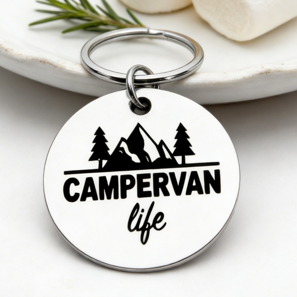 TEMU A Stainless Steel Keychain Engraved With 'campervan Life', Featuring A Design Of Mountains, Pine Trees, And A Van, Making It A Perfect Keepsake
