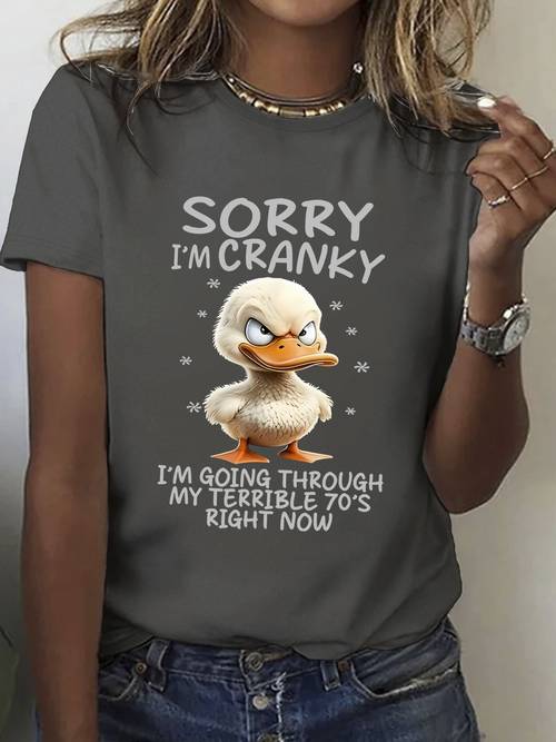womens 100 cotton sorry im duck graphic t shirt relaxed fit short sleeve round neck casual top with snowflake design breathable tee for casual attire holiday gifts humorous apparel lightweight shirt funny shirt humor lovers