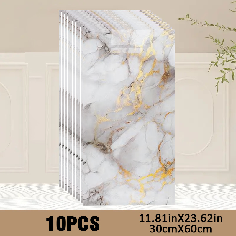 Image of Set Of 10 Self-adhesive Foam Wall Tiles With A Marble Design, Suitable For Use In Living Rooms, Kitchens, Bathrooms, And As Backsplashes. Are Waterproof And Easy To Apply And Remove