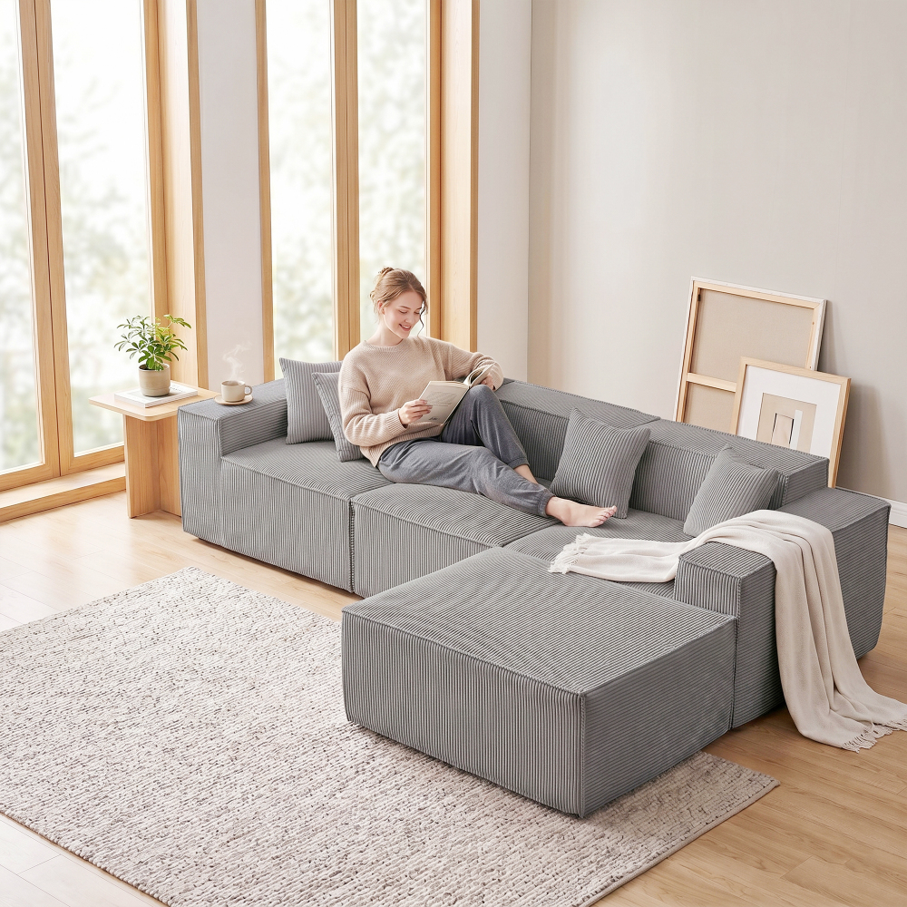 Modular Corner Sofa And Sleeper Sofa, 279cm L-shaped Cloud Sofa With High-quality Foam, No , Deep Seating, Corduroy Fabric, Convertible Sofa For Living Room, Gray