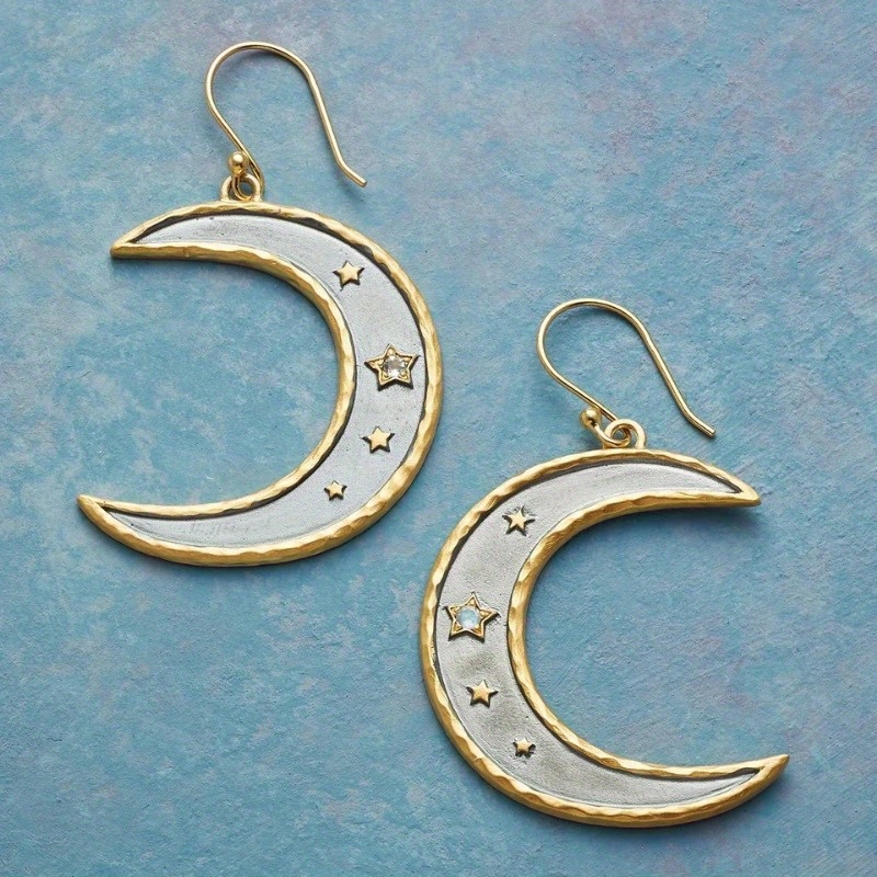 Women's Hand-Carved Moon and Star Earrings with Pendant