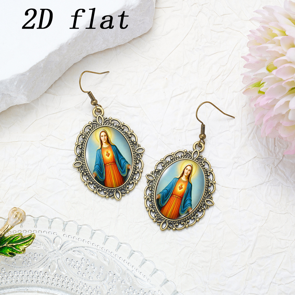 Virgin Mary Sacred Heart Pattern Earrings, Oval Lace Framed