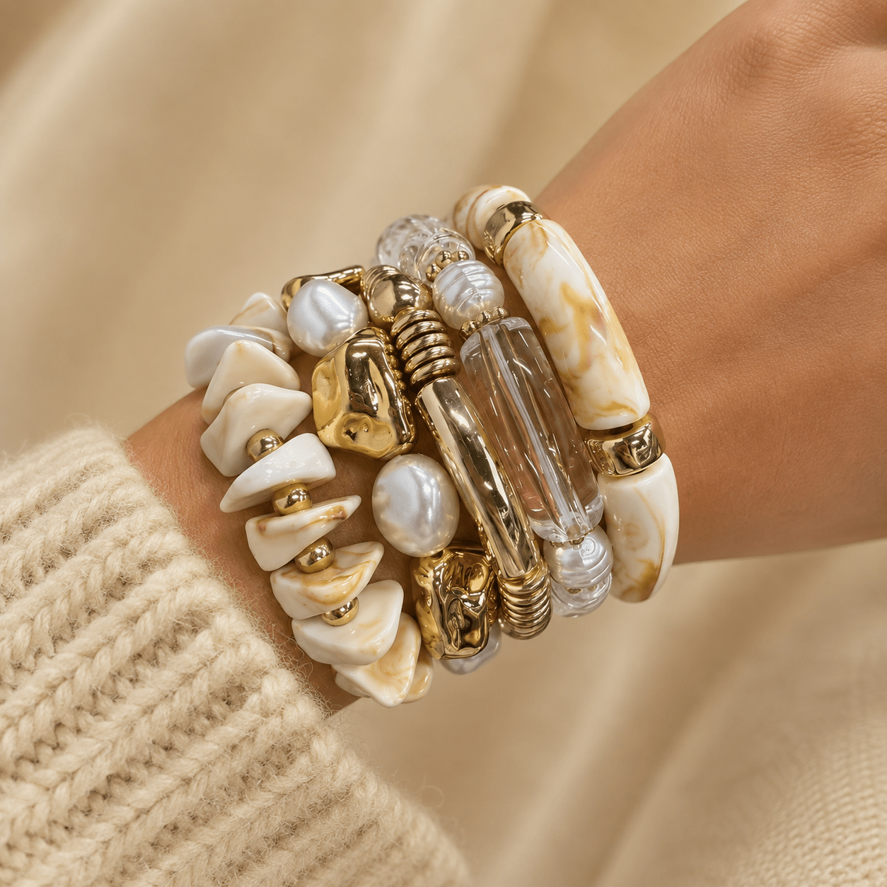 TEMU ( de resina aleatorio) Juego de 5 pulseras apilables para mujer, , versátil, irregular, de resina con de piedra, cuentas de perlas CCB, para uso