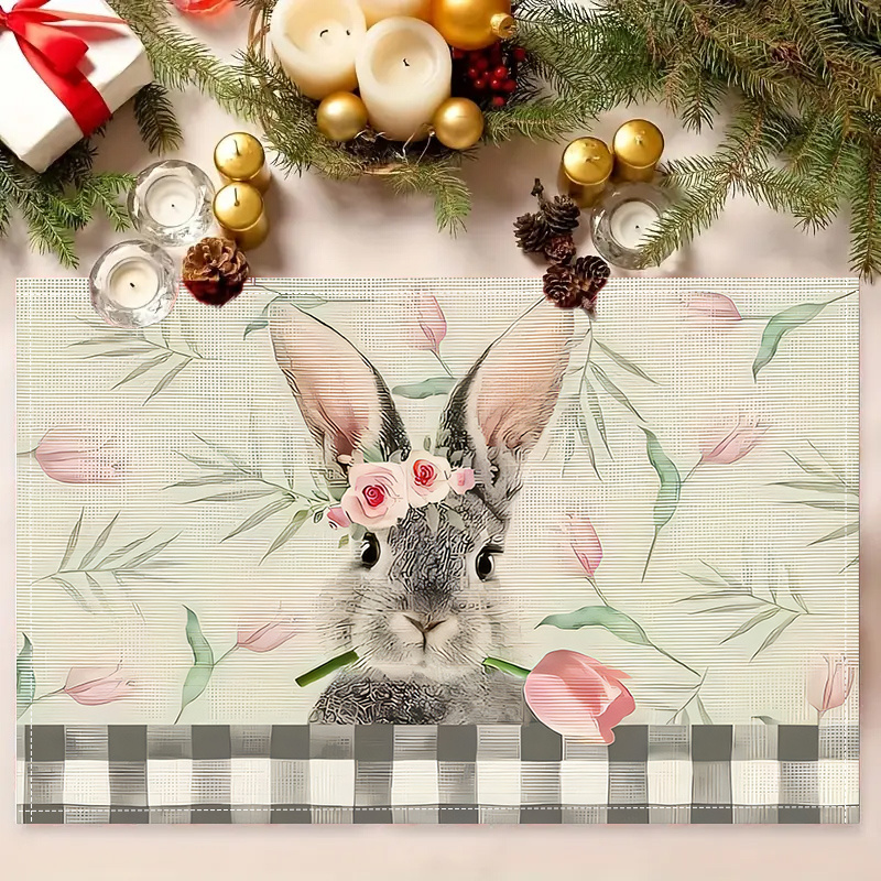 

Party Table Runner + Easter 1/4/6/8/12pcs Easter's Day Placemats Set, Bunny And , For Table Seasonal Holiday Decor, Heat Resistant Coasters, Machine Washable, For Home & Kitchen Use