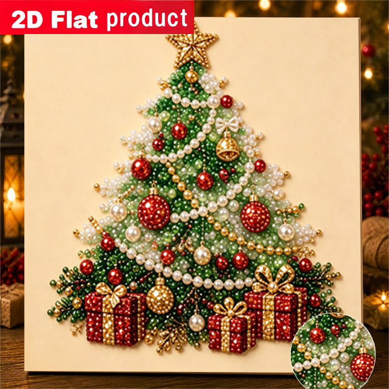 TEMU Peinture Diamant 2D/Imprimée à Plat avec Thème de Noël, Motif d'Arbre de Noël, Kit de Peinture Diamant Créative à Coller, Fait Main, avec Outils