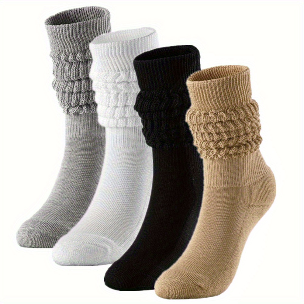 4 Pairs Women's Autumn Winter Warm Socks, Premium Solid Color Fashionable Warm All-match Long Socks, Adjustable Length, Casual Long Round Neck Boots Athletic Calf Socks