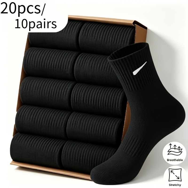 TEMU 20pcs/10pairs Premium Men's Mid-calf Sports Socks, Comfortable For Spring, Summer, And Autumn, Simple Black And White Casual Business Socks