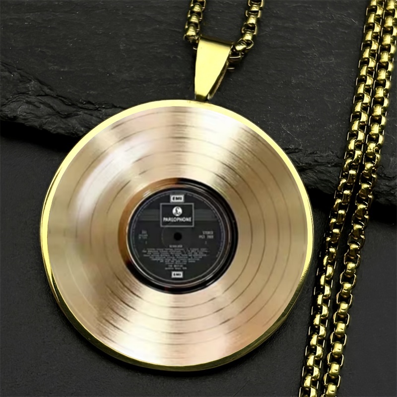 TEMU 2d Flat Record Necklace - Featuring An Elegant Round Convex Glass Pendant, A Goldene Alloy Center, And Durable Alloy Material. Perfect For