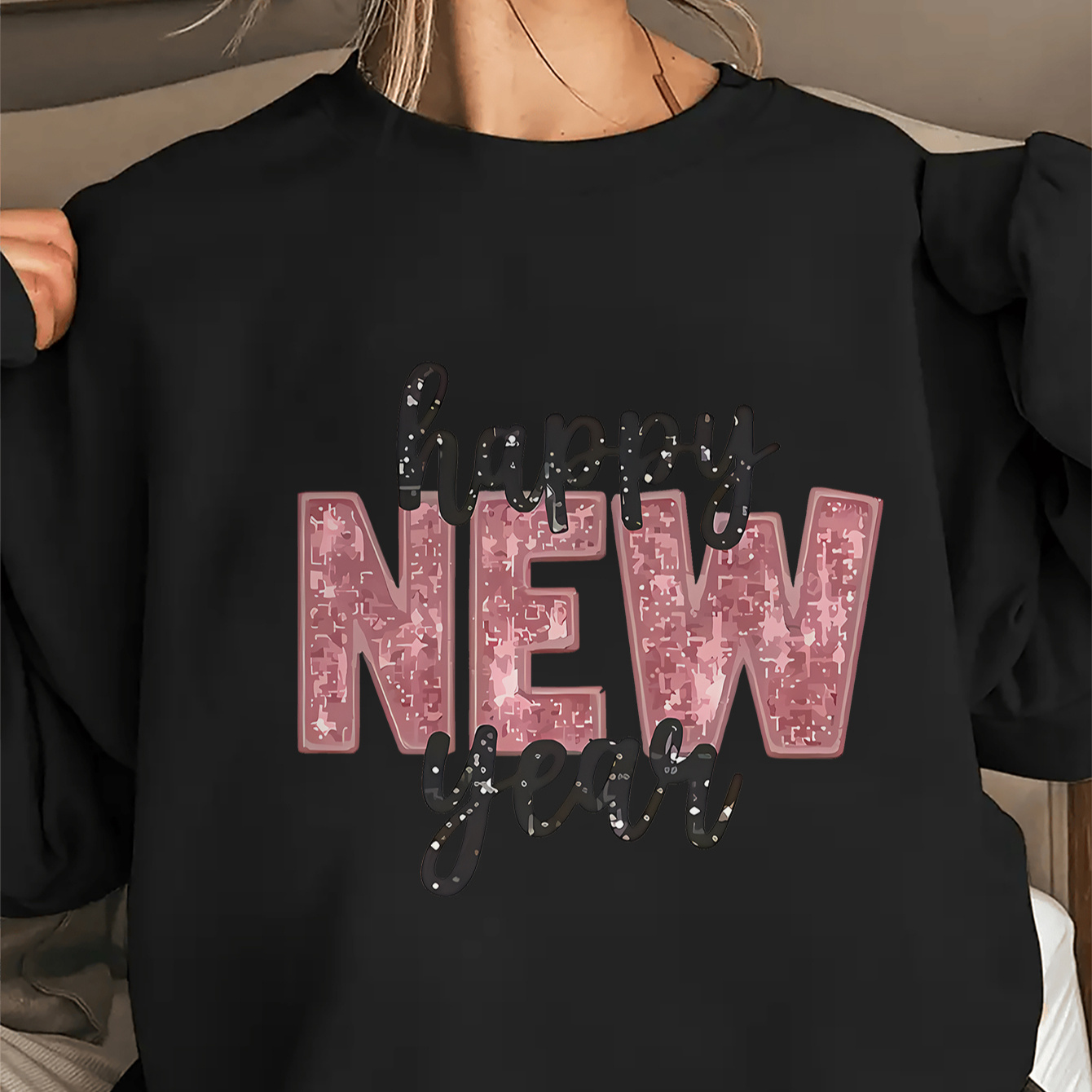 

1pc Women' Happy New Year Neck Sweatshirt - Soft Polyester, Machine Washable - All Casual Wear