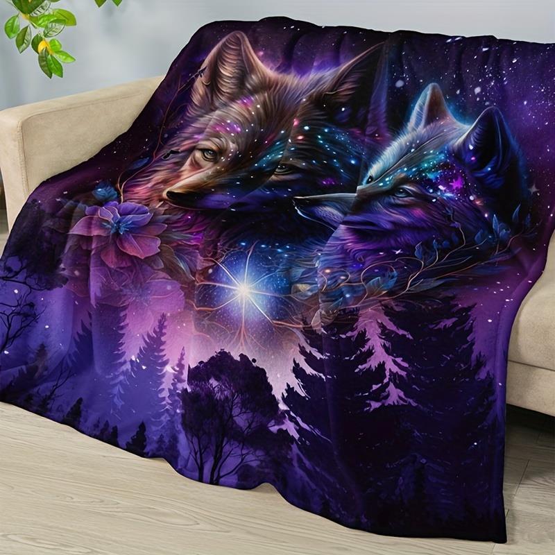 TEMU 1 couverture avec un motif de loup et de ciel étoilé, un plaid en flanelle doux et chaud idéal pour se reposez sur le canapé, , , le lit ou