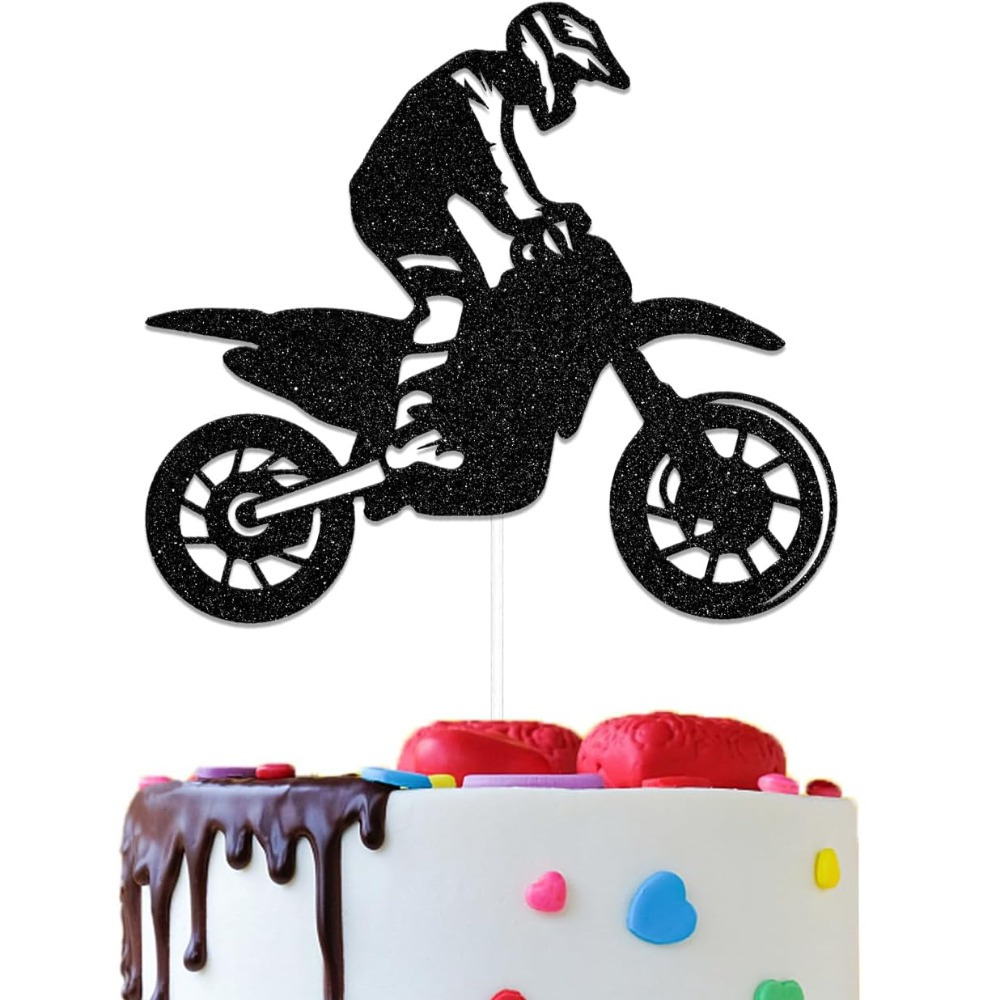 Image of 1pc Dirt Bike Birthday Cake Topper, Birthday Party Cake Decoration, Motorcycle Racing Birthday Party Decorations, Sports Motocross Theme Boy's& For Man's Birthday Party Cake Decorations Supplies Black