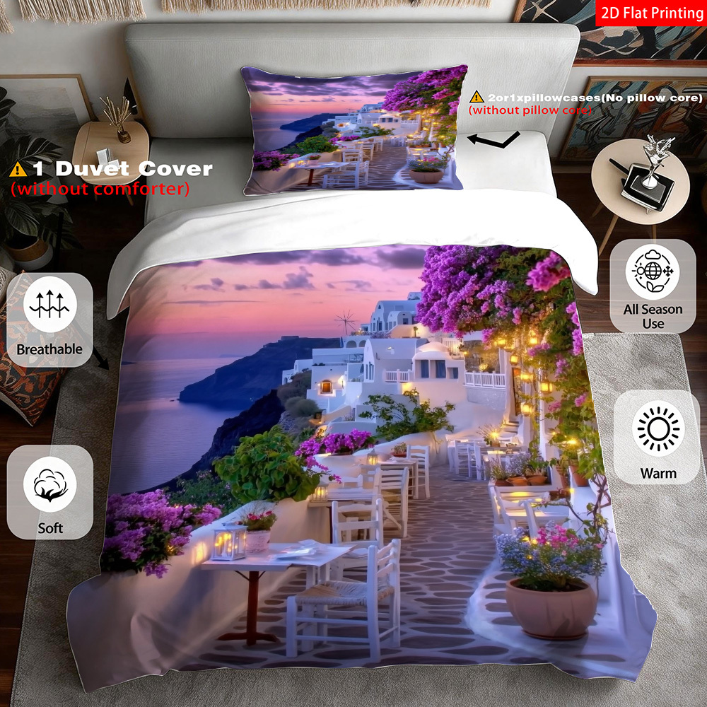 TEMU 2d Flat 2/3pcs Printing Santorini Sunset Art For Bedroom Decor, Bedding Quilt Cover Pillowcases (1*duvet 1/2*pilowcases, Without Core)., 2d Flat