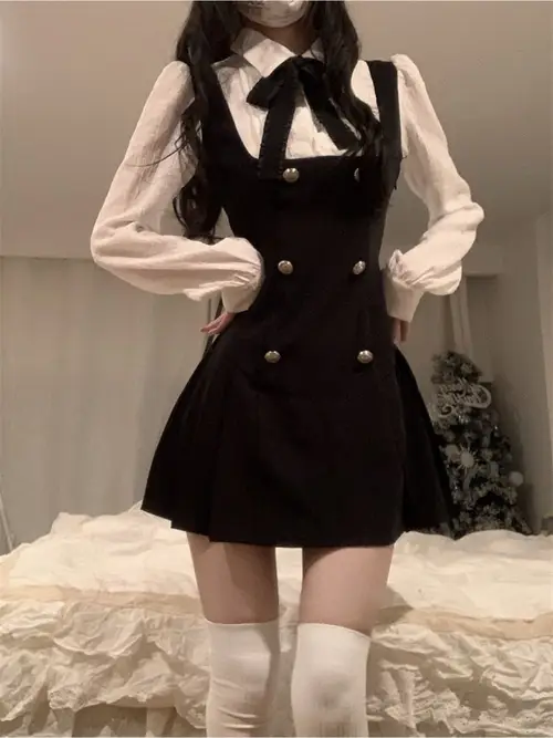 length shirt a line dress double breasted color block two pieces dress bow tie suitable for college style womens wear