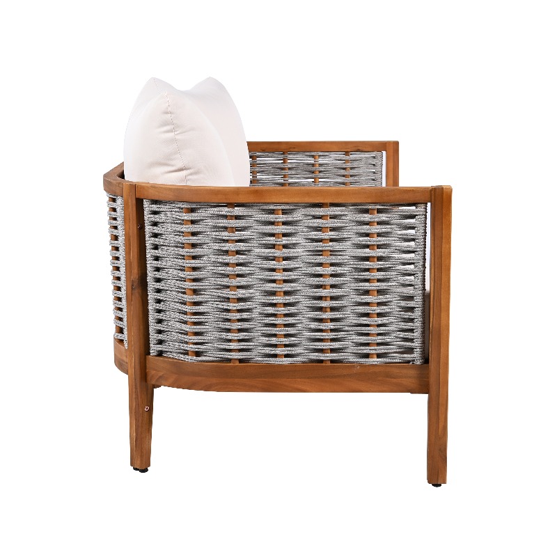 2pcs Acacia Patio Furniture Set, Outdoor Unique Tub Design Loveseat with Woven Rope Table, Deep Seating with Soft Cushions for Porch, Garden, Backyard, Balcony, Teak End And Beige Cushion