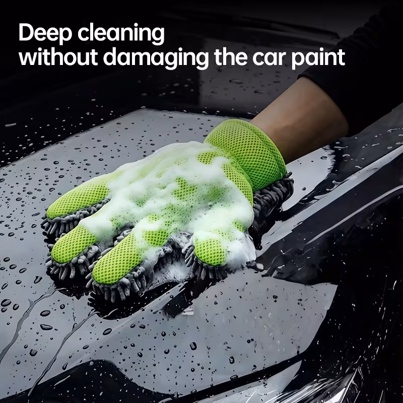 chenille thickened five wash gloves size 27 5 26cm 10 8 10 6in multi scene use dual sided car wiping and dust removal without damaging paint cleaning wheel hubs with mesh and foam green car wash gloves household dusting gloves Product details 8