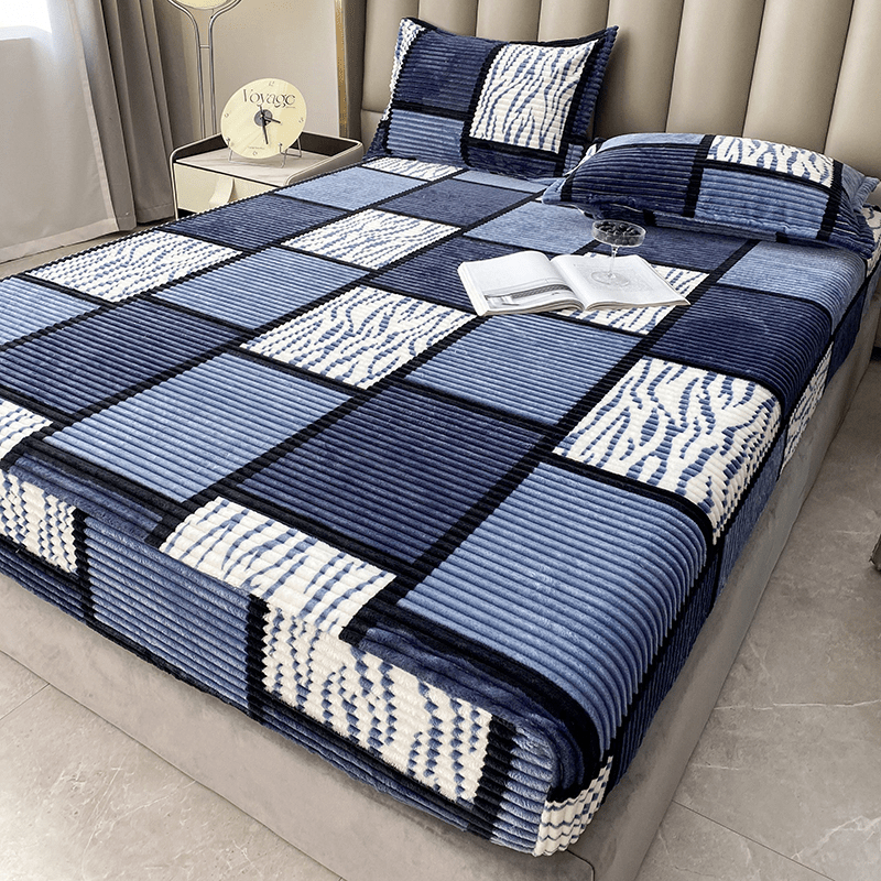 Colorful Square Print Fitted Sheet, Full Size, Thick Warm Bedding, Non-slip Full Coverage Design, , Perfect For Bedroom, Hotel, Dorm & Holiday Gifting