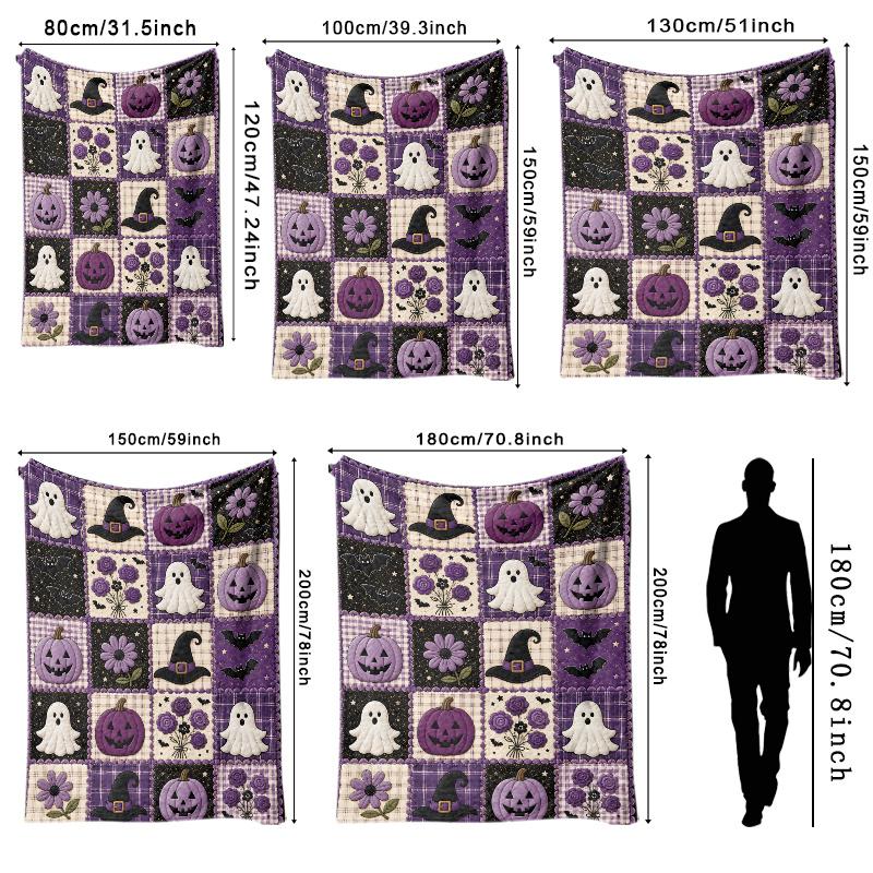 TEMU 1pc Purple Halloween Style Flannel Blanket With White , Purple Jack O Lanterns, Black Hats, Bats And Floral Squares, Vintage Cozy 2d Printed