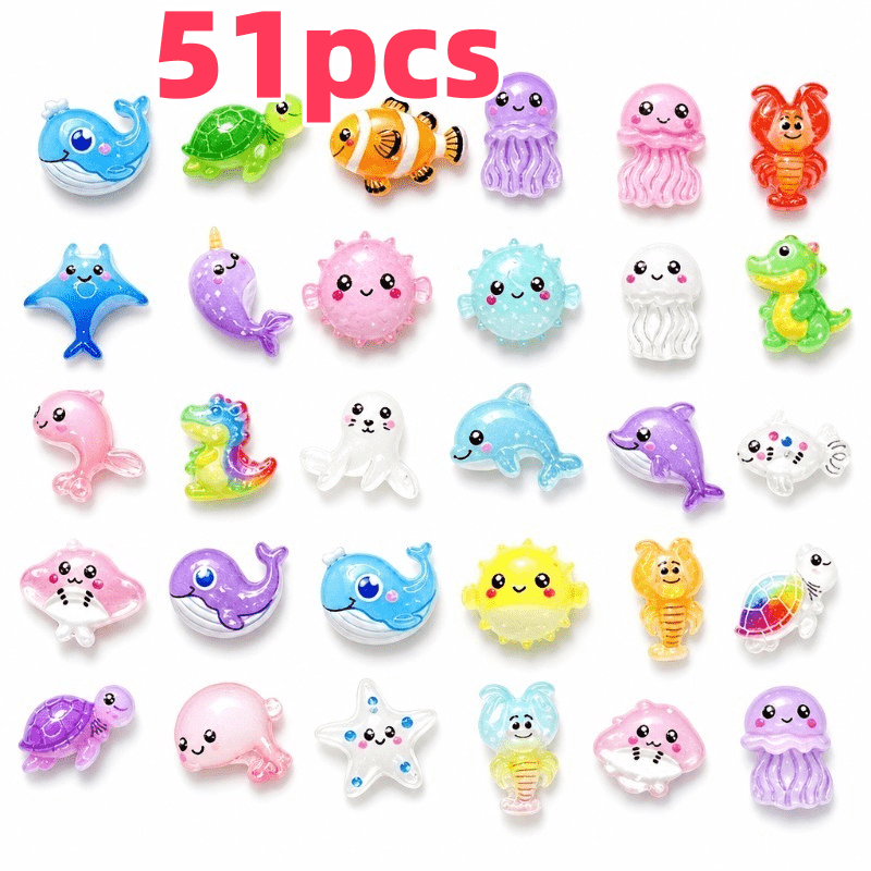 TEMU 51pcs Shiny Ocean Themed Nail Accessories, With Octopus, Whale, Dolphin, Small Fish, And Sea Turtle Jellyfish Fish And Lobster Flat Bottom -
