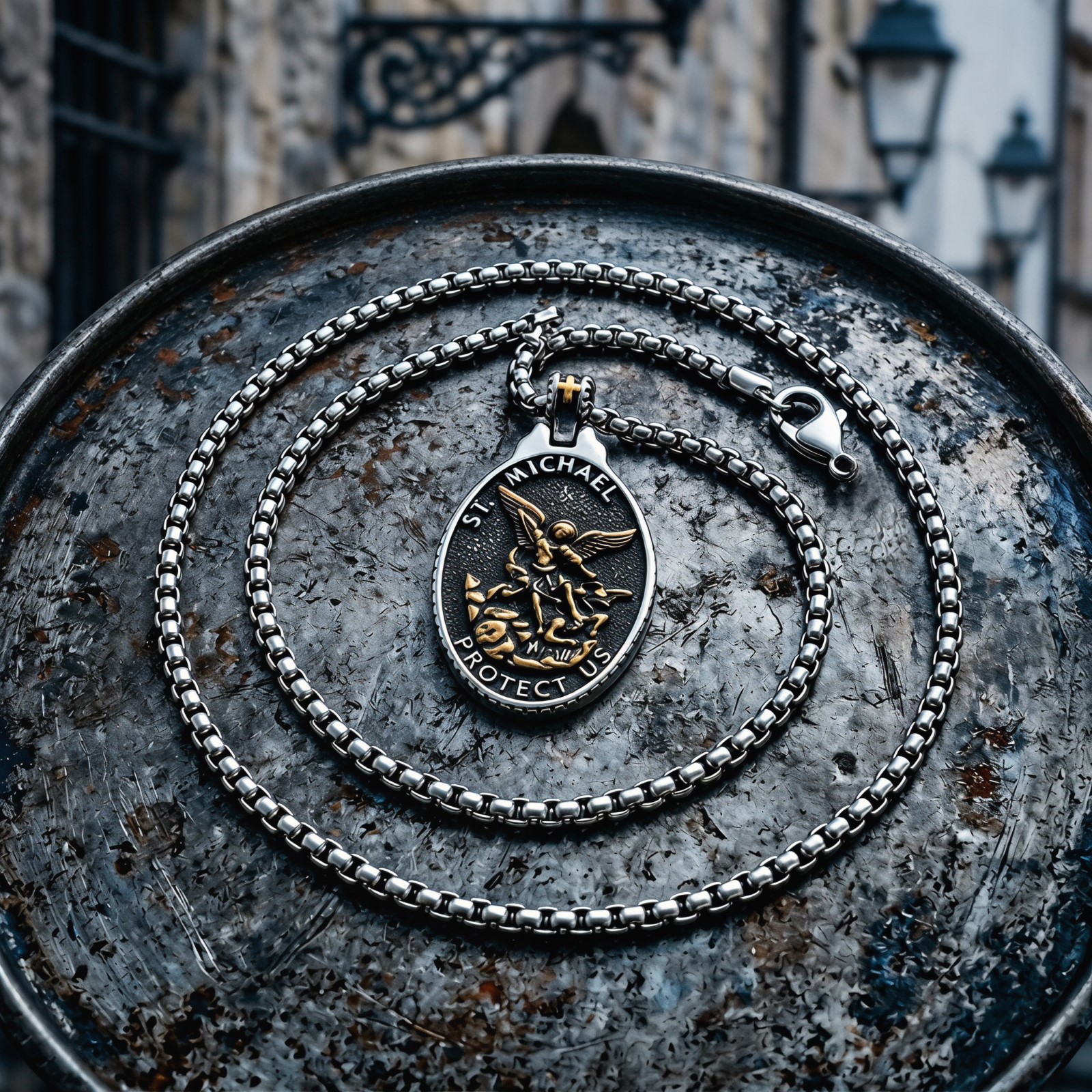 Image of Protect Us Pendant Necklace For Men, Vintage Catholic Saint Michael Medallion Necklace, 316l 316l Stainless Steel Chain, Christian Archangel Protection Jewelry, Religious Gift For Men