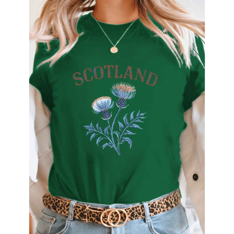 

Women's Scotland Graphic T-shirt, Casual Crew Neck Short Sleeve Top With Blue Design, , Black Polyester Tee, Casual Wear | Crew Neck Top | Stretch Fabric