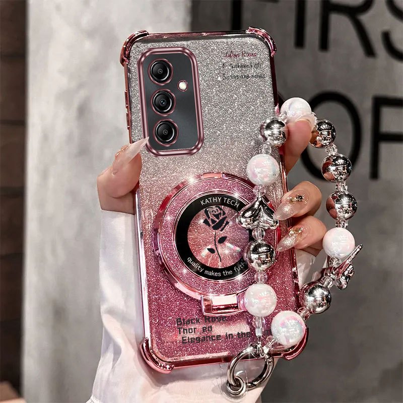 TEMU Phone Case: Clover Strap Lanyard A56 Durable Plating Phone Holder Case For Galaxy A56 A Black Rose Case Cover For Popular