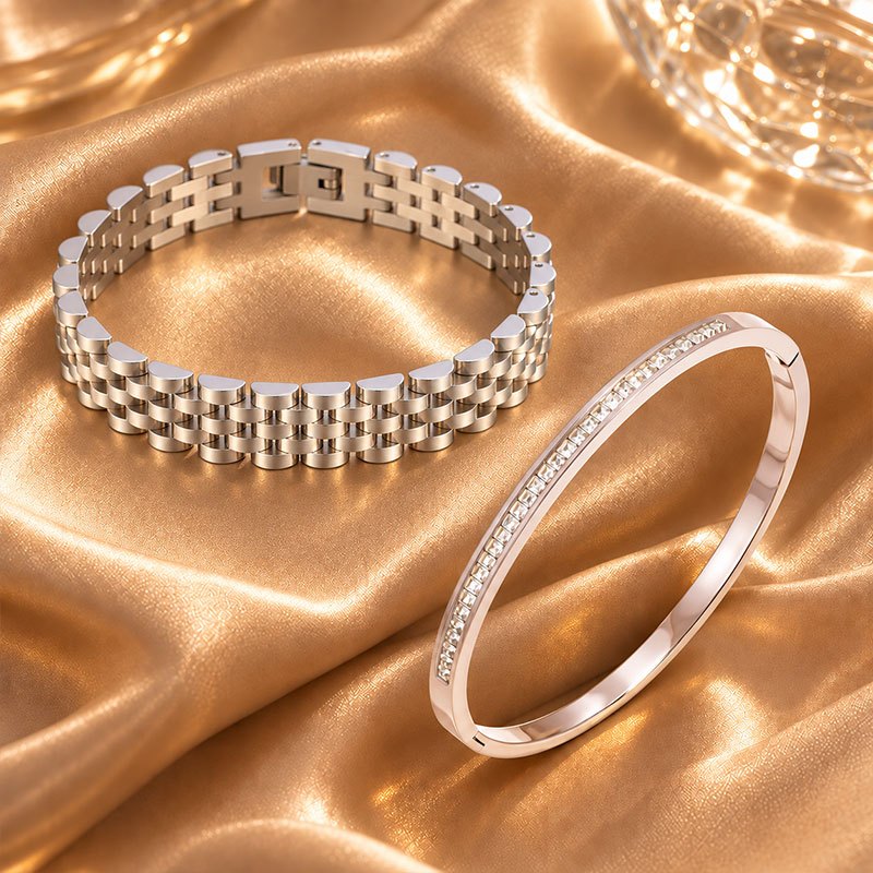 2pcs Women's Stainless Steel Bracelet Set with Zirconia Bangle