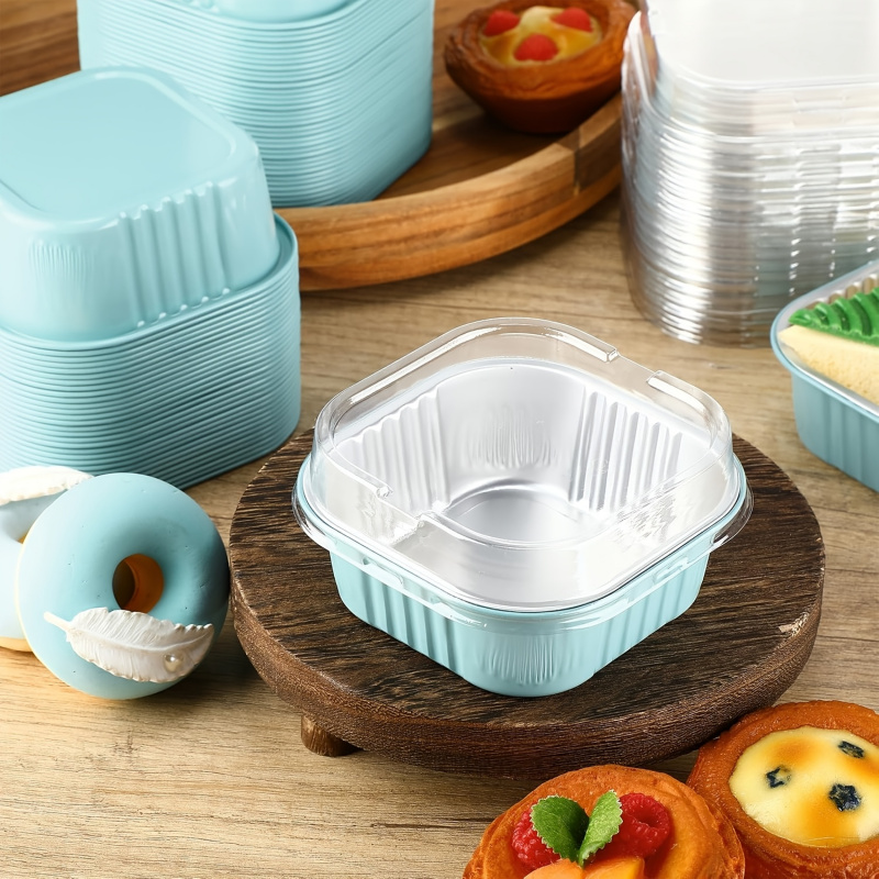 TEMU 30pcs (15 Boîtes et 15 Couvercles) Plaque de Cuisson Carrée en Aluminium Bleu avec Couvercle, Plaque à Gâteaux, et Desserts, Convient pour les