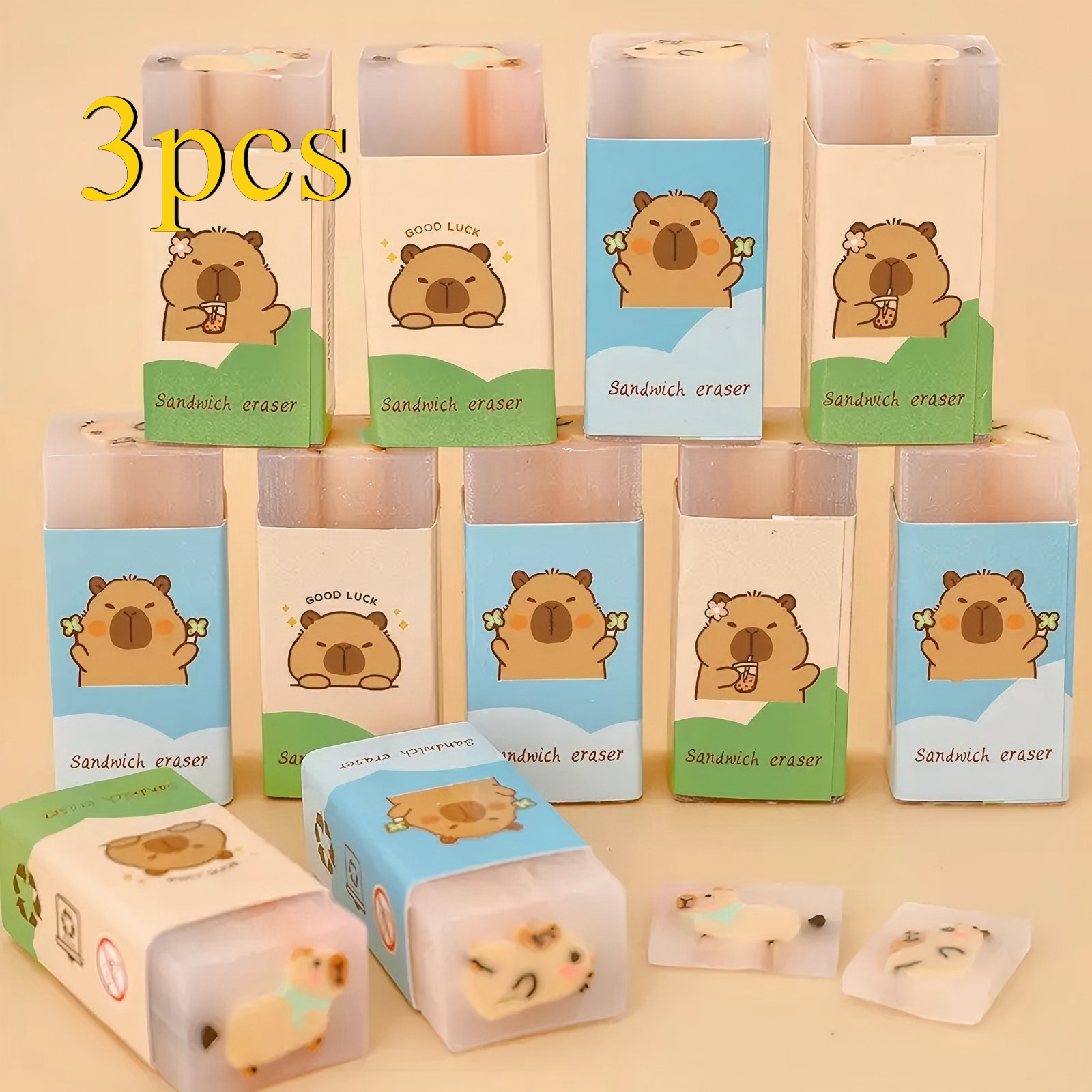 Image of 3pcs Set Of Creative Capybara Erasers - Cute And Clean Erasers Without Scraps, Cuttable Erasers, Office Supplies Pencil Erasers, Random Colors