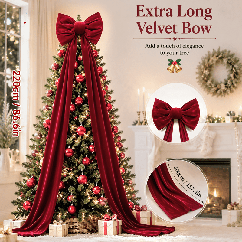 TEMU 1pc Extra Large Red Velvet Bow Garland-compatible Suitable For Christmas Tree Topper Ornament, Thickened Bow With Luxurious Red Color For Doors,